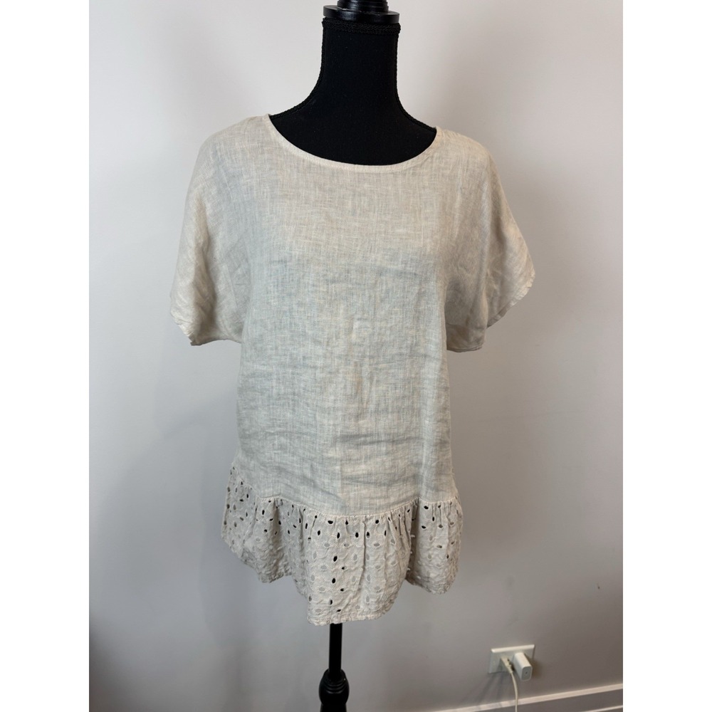 Spazio Chic Italy Linen Top‎ Eyelet Peplum Small Beige Lagenlook Boho Resortwear